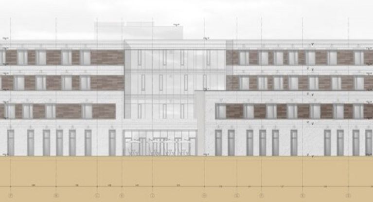 Archtekitenzeichnung Außenansicht Neubau Akutpsychosomatik Bad Bodenteich vom See aus gesehen